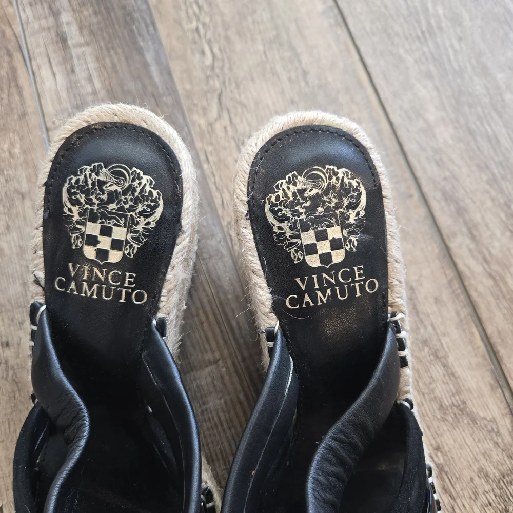 Vince Camuto Black Mixed Texture Espadrille Wedge Slide Sandals Size 7.5
